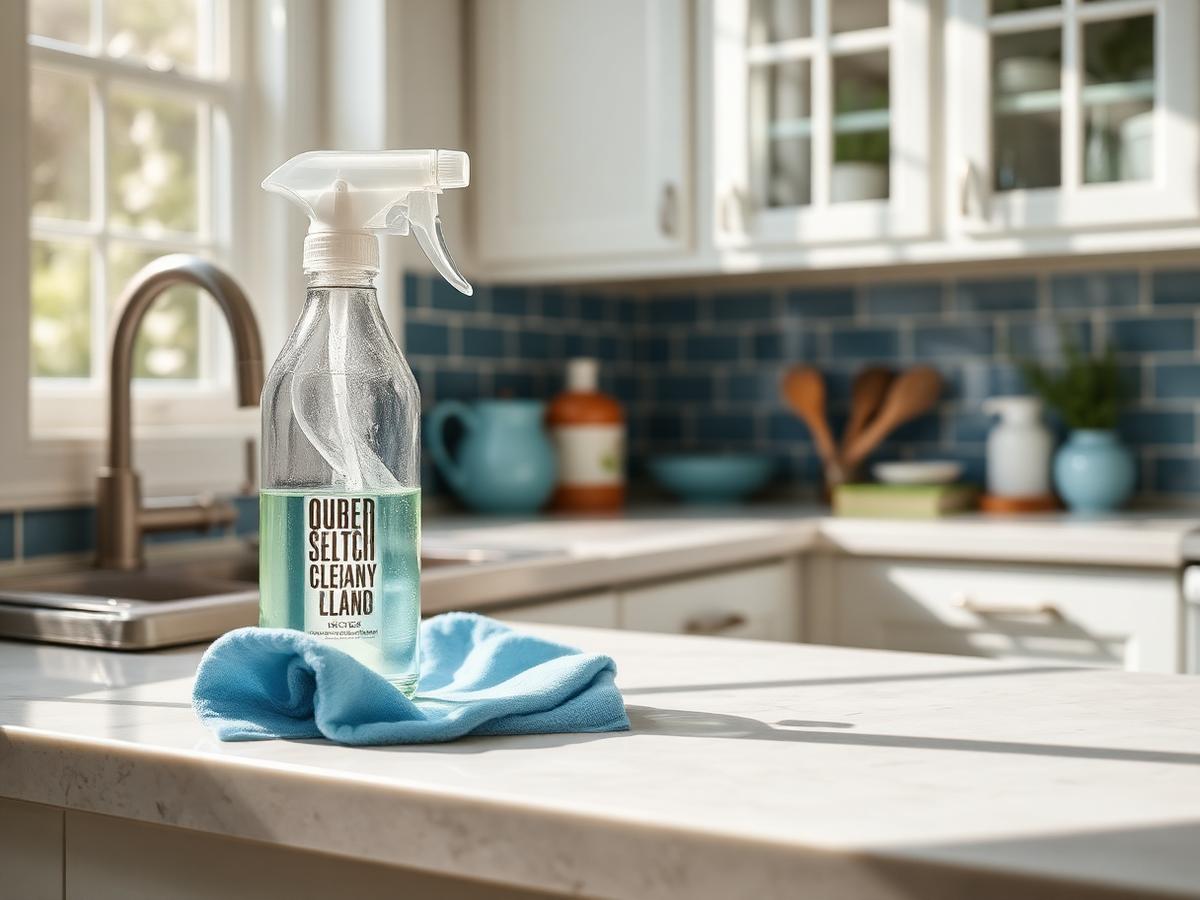 A bright kitchen counter with an Azurris cleaning spray and cloth