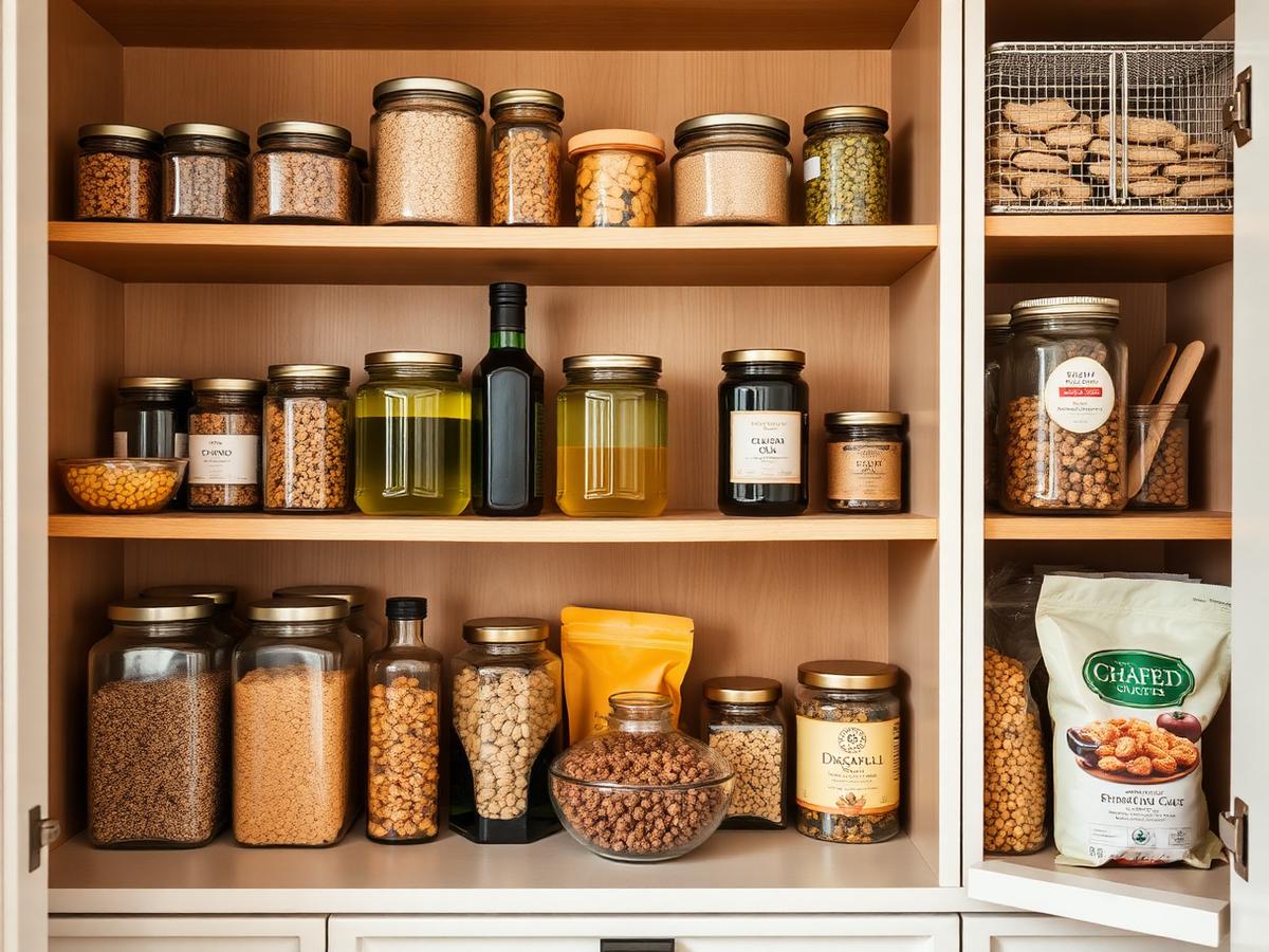 An organized pantry shelf filled with glass jars and Azurris staples