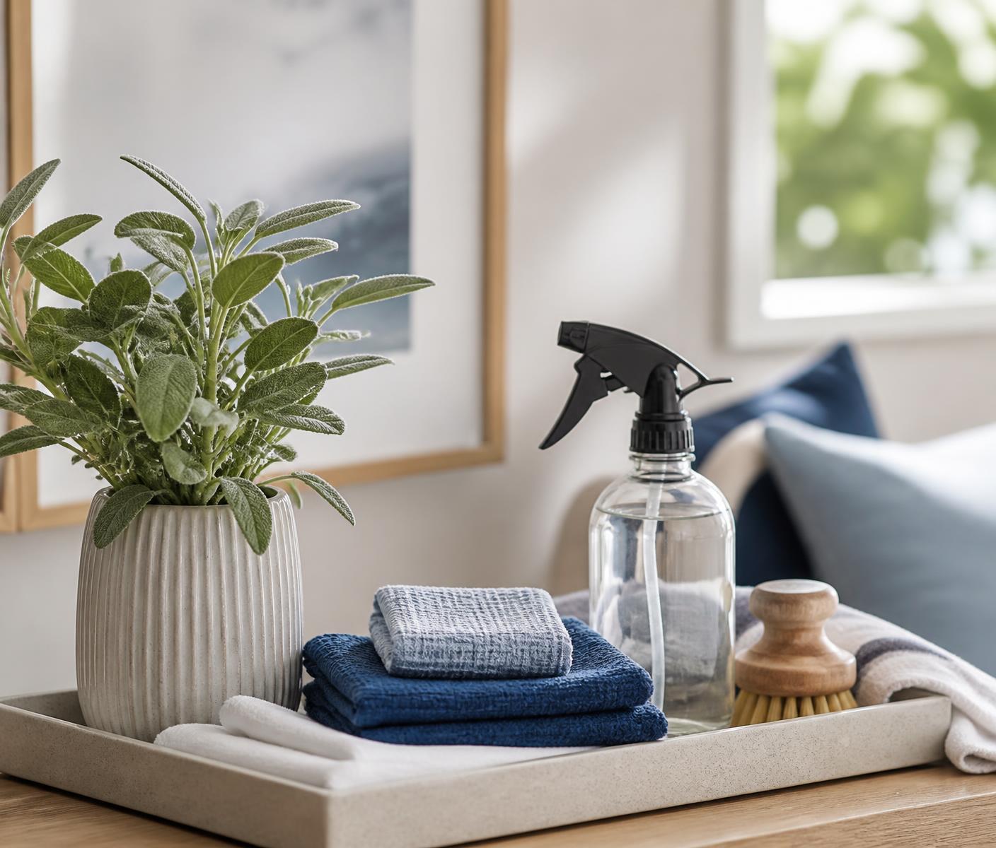 A calm, sunlit home corner styled with Azurris cleaning and home essentials
